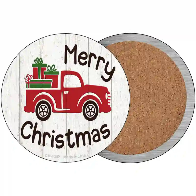 Merry Christmas Present Truck Novelty Metal Circular Sign 3.5" (CC)