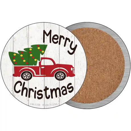 Merry Christmas Tree Truck Novelty Metal Circular Sign 3.5" (CC)