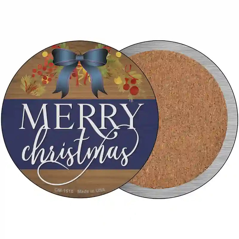 Merry Christmas Blue Bow Novelty Metal Circle Sign 3.5" (CC)