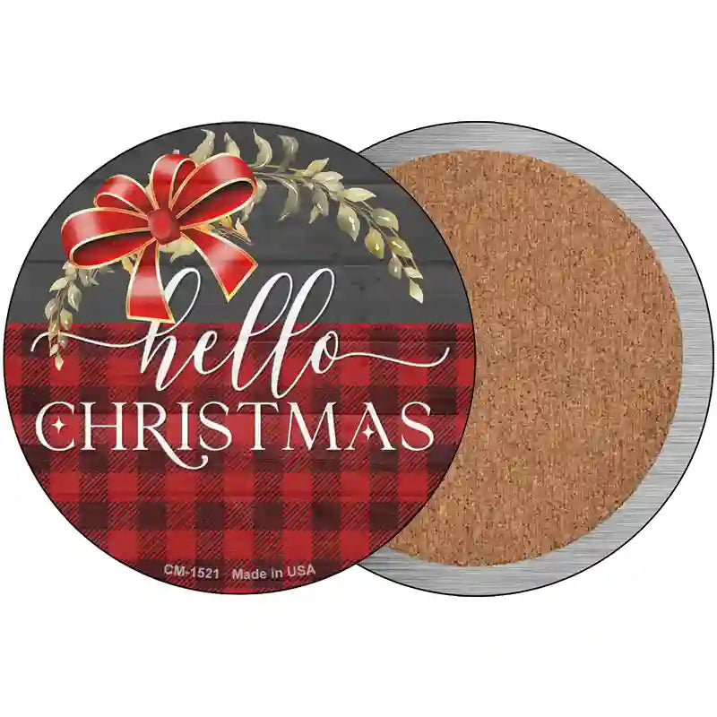 Hello Christmas Plaid Novelty Metal Circle Sign 3.5" (CC)