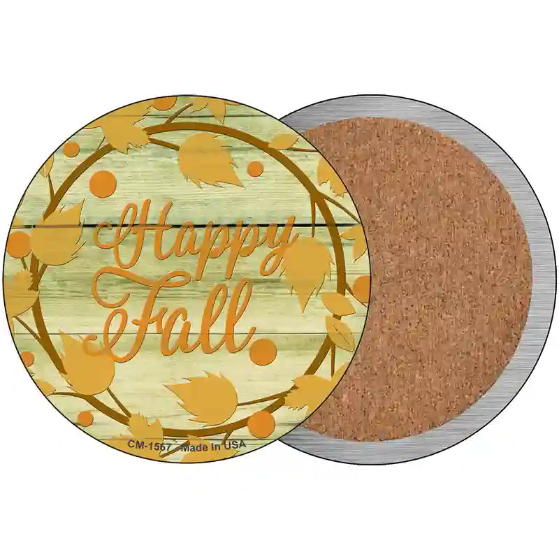 Happy Fall with Leaves Novelty Metal Circle Sign 3.5" (CC)