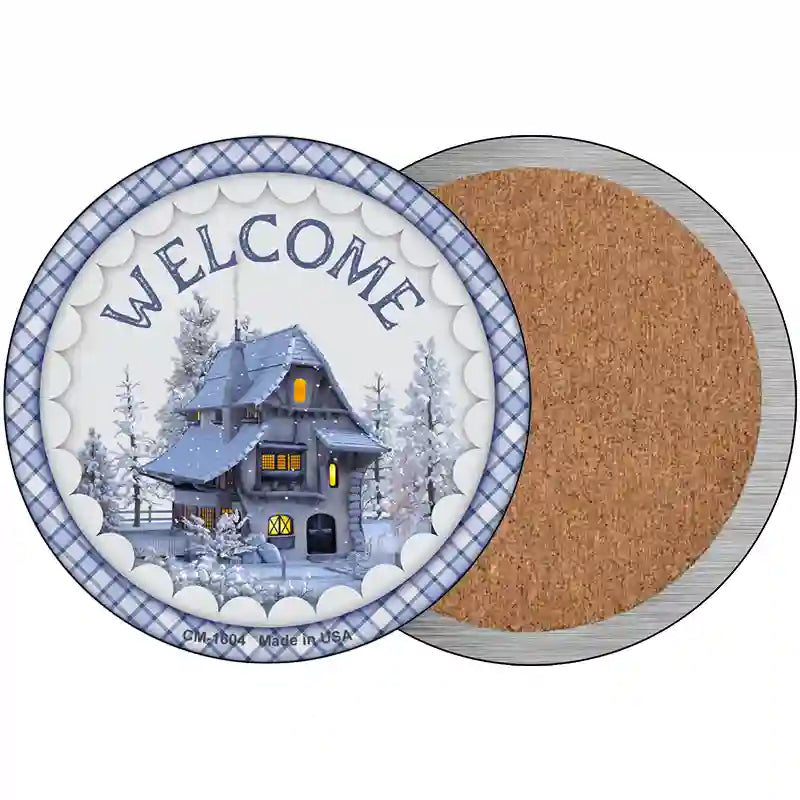 Welcome Snowy House Novelty Metal Circle Sign 3.5" (CC)