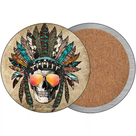 Headress Skull With Aviators Novelty Metal Circle Sign 3.5" (CC)