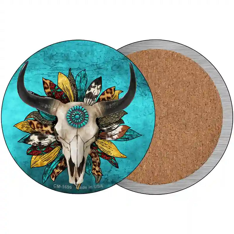 Cow Skull Sunflower Turquoise Novelty Metal Circle Sign 3.5" (CC)