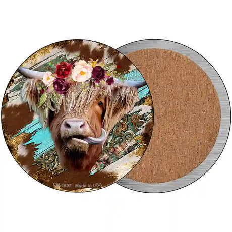 Highland Cattle On Mixed Print Novelty Metal Circle Sign 3.5" (CC)