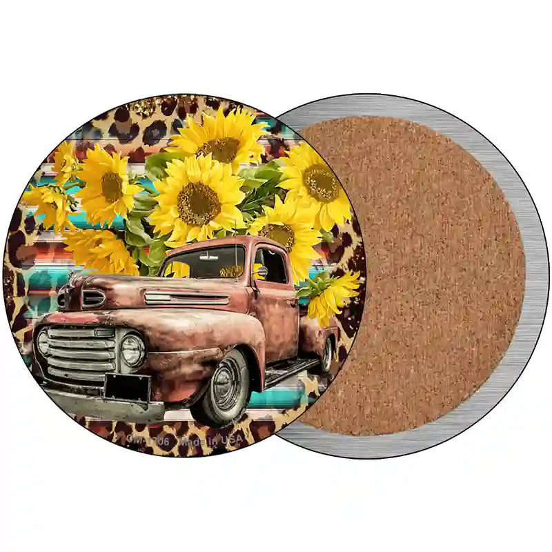 Rusty Truck With Sunflowers Novelty Metal Circle Sign 3.5" (CC)