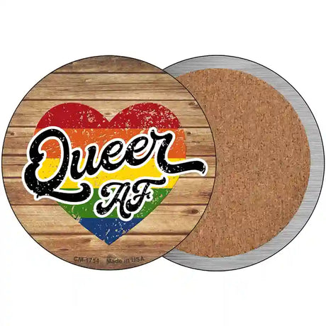 Queer AF Heart On Wood Novelty Metal Circle Sign 3.5" (CC)