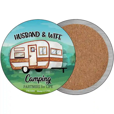 Husband & Wife Camping Novelty Metal Circle Sign 3.5" (CC)