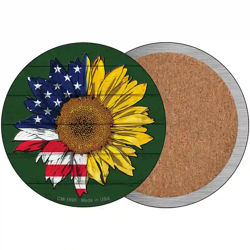 Sunflower Half American Flag Novelty Metal Circle Sign 3.5" (CC)