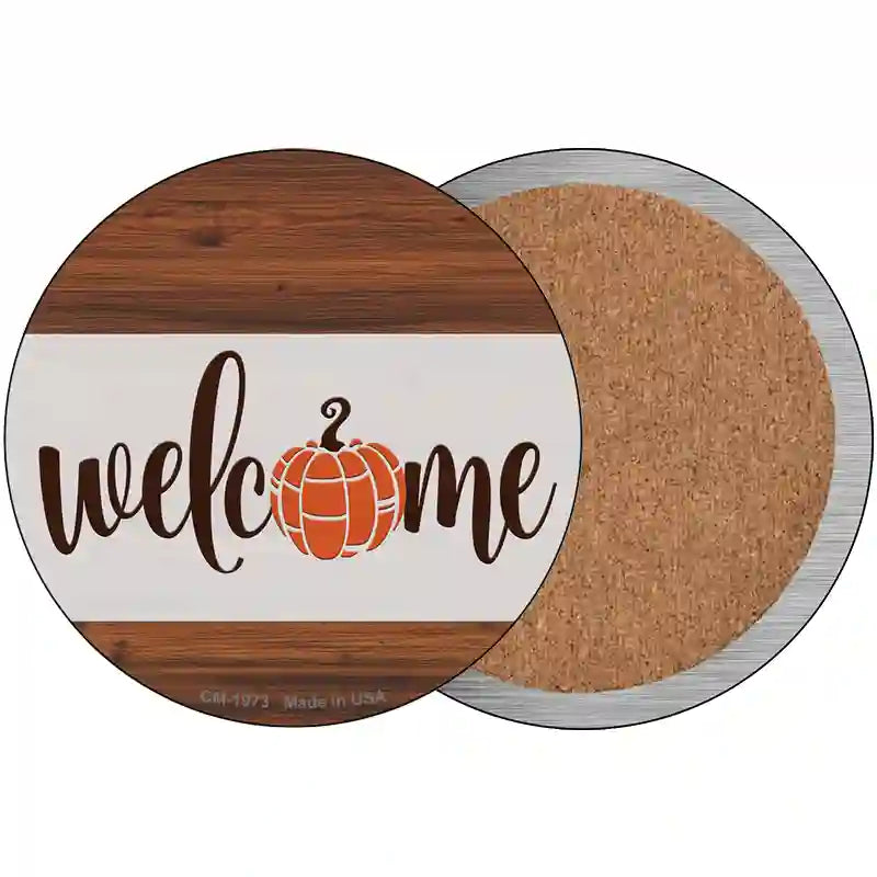 Welcome Pumpkin Wood Novelty Metal Circle Sign 3.5" (CC)