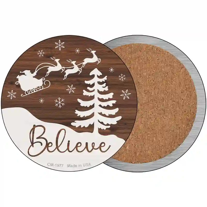 Believe Santa Sleigh Novelty Metal Circle Sign 3.5" (CC)