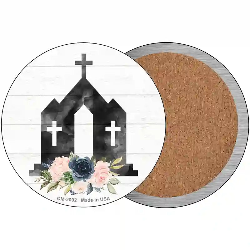 Church Silhouette Novelty Metal Circle Sign 3.5" (CC)