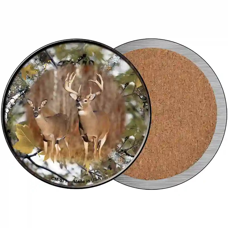 Deer On Camo Novelty Metal Circular Sign 3.5" (CC)