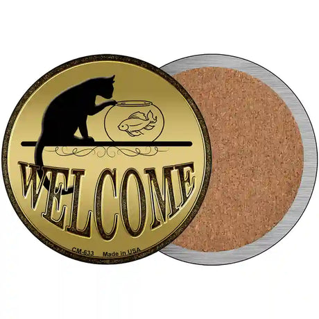 Welcome With Cat Novelty Metal Circular Sign 3.5" (CC)