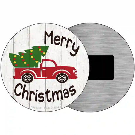 Merry Christmas Tree Truck Novelty Metal Circular Sign 3.5" (CM)