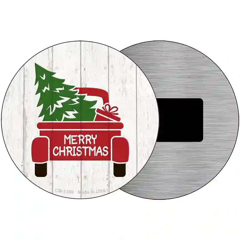 Christmas Tree In Truck Bed Novelty Metal Circular Sign 3.5" (CM)