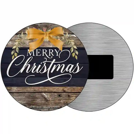 Merry Christmas Yellow Bow Novelty Metal Circle Sign 3.5" (CM)