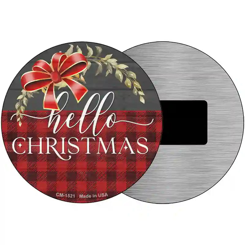 Hello Christmas Plaid Novelty Metal Circle Sign 3.5" (CM)