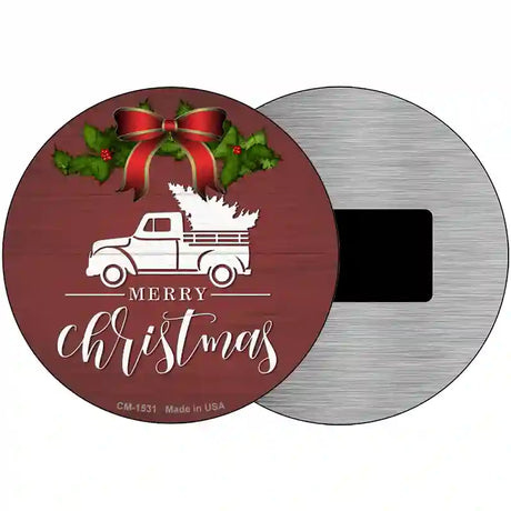 Merry Christmas Truck Red Novelty Metal Circle Sign 3.5" (CM)