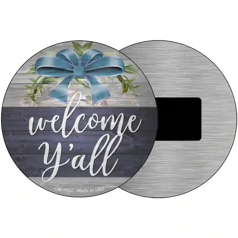 Welcome Yall Bow Wreath Novelty Metal Circle Sign 3.5" (CM)