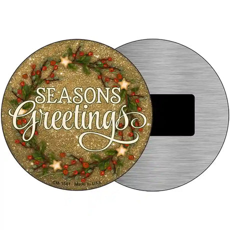 Seasons Greetings Glitter Novelty Metal Circle Sign 3.5" (CM)