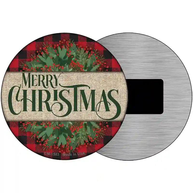 Merry Christmas Red Novelty Metal Circle Sign 3.5" (CM)