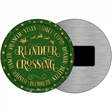 Reindeer Crossing Green Novelty Metal Circle Sign 3.5" (CM)