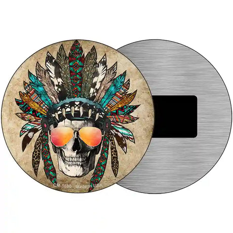 Headress Skull With Aviators Novelty Metal Circle Sign 3.5" (CM)