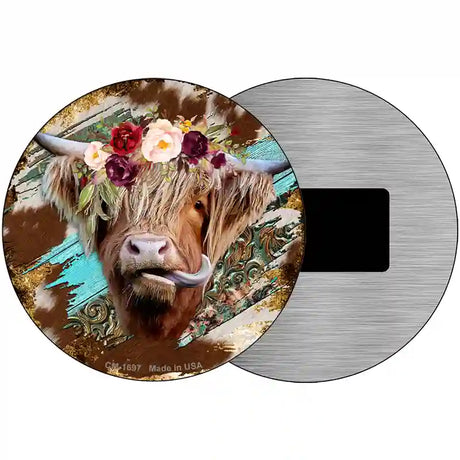 Highland Cattle On Mixed Print Novelty Metal Circle Sign 3.5" (CM)