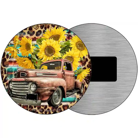 Rusty Truck With Sunflowers Novelty Metal Circle Sign 3.5" (CM)