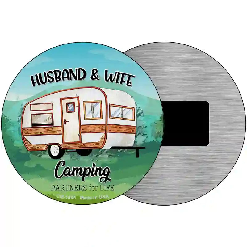 Husband & Wife Camping Novelty Metal Circle Sign 3.5" (CM)