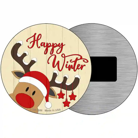 Happy Winter Reindeer Novelty Metal Circle Sign 3.5" (CM)