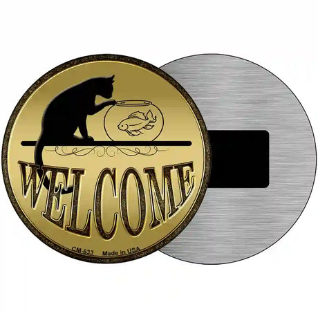 Welcome With Cat Novelty Metal Circular Sign 3.5" (CM)