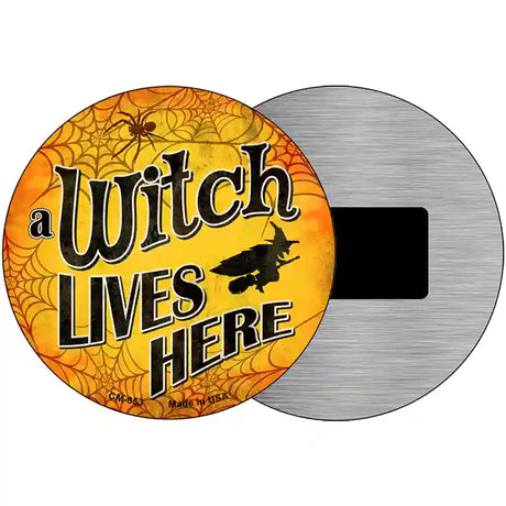 A Witch Lives Here Novelty Metal Circular Sign 3.5" (CM)