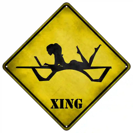 Lady On Laptop In Pool Lounge Xing Novelty Metal Crossing Sign 16.5" (CX)