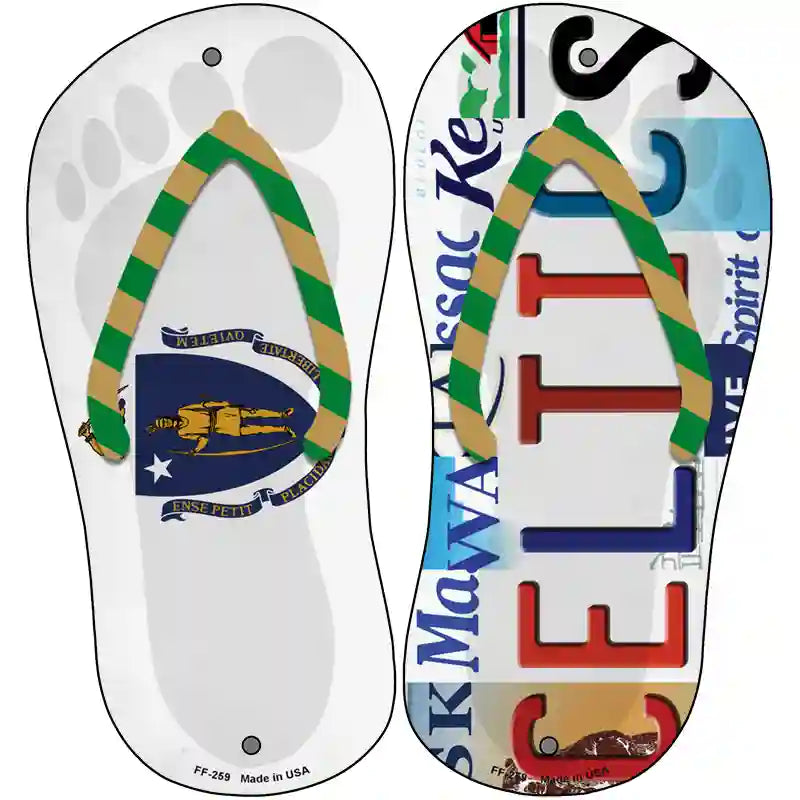 MA Flag|Celtics Strip Art Novelty Metal Flip Flops (Set of 2)