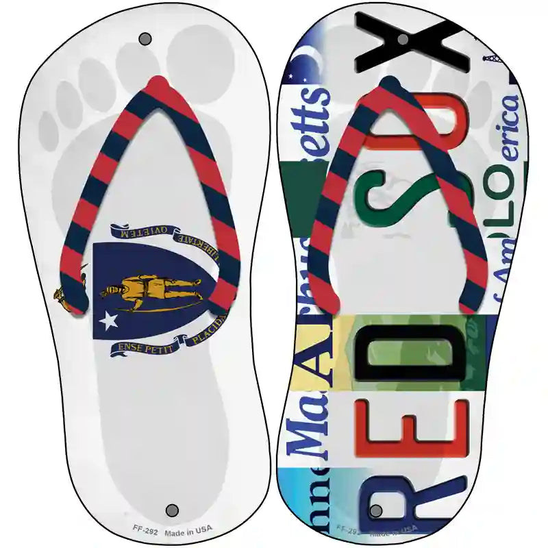 MA Flag|Red Sox Strip Art Novelty Metal Flip Flops (Set of 2)