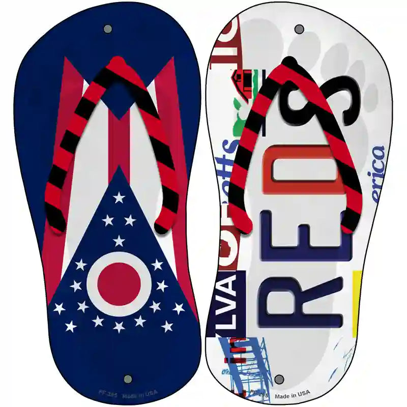 OH Flag|Reds Strip Art Novelty Metal Flip Flops (Set of 2)