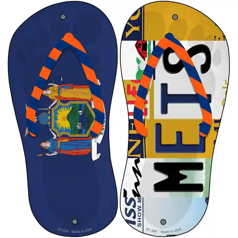 NY Flag|Mets Strip Art Novelty Metal Flip Flops (Set of 2)