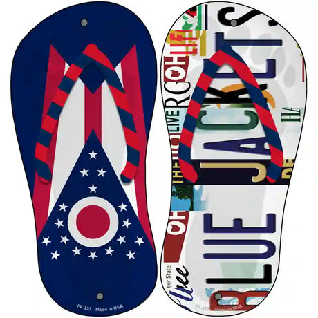 OH Flag|Blue Jackets Strip Art Novelty Metal Flip Flops (Set of 2)