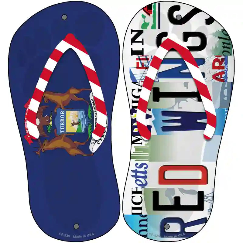 MI Flag|Red Wings Strip Art Novelty Metal Flip Flops (Set of 2)