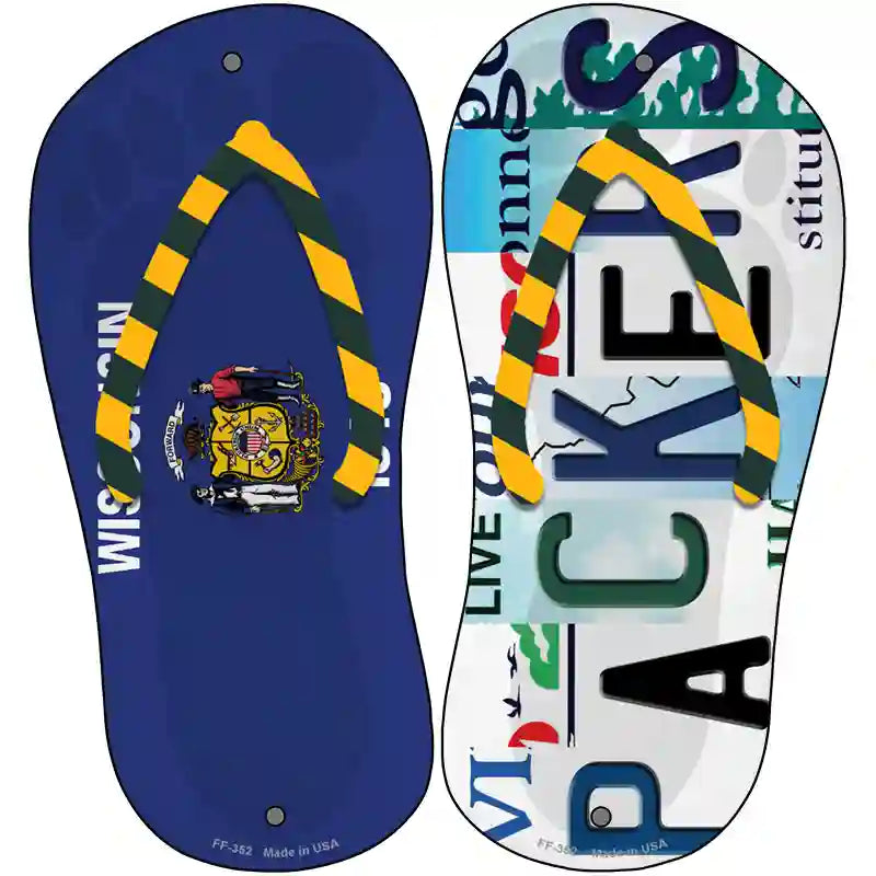 WI Flag|Packers Strip Art Novelty Metal Flip Flops (Set of 2)