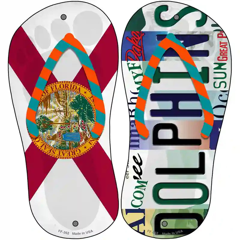 FL Flag|Dolphins Strip Art Novelty Metal Flip Flops (Set of 2)