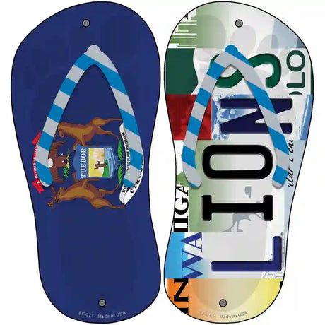 MI Flag|Lions Strip Art Novelty Metal Flip Flops (Set of 2)