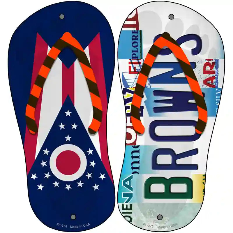 OH Flag|Browns Strip Art Novelty Metal Flip Flops (Set of 2)