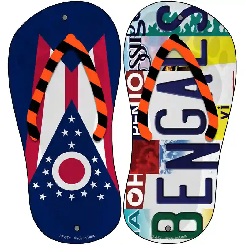 OH Flag|Bengals Strip Art Novelty Metal Flip Flops (Set of 2)