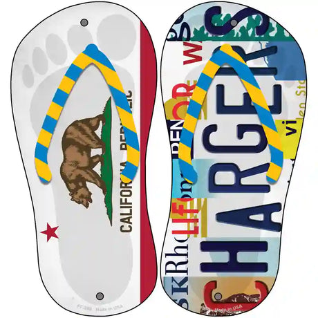 CA Flag|Chargers Strip Art Novelty Metal Flip Flops (Set of 2)