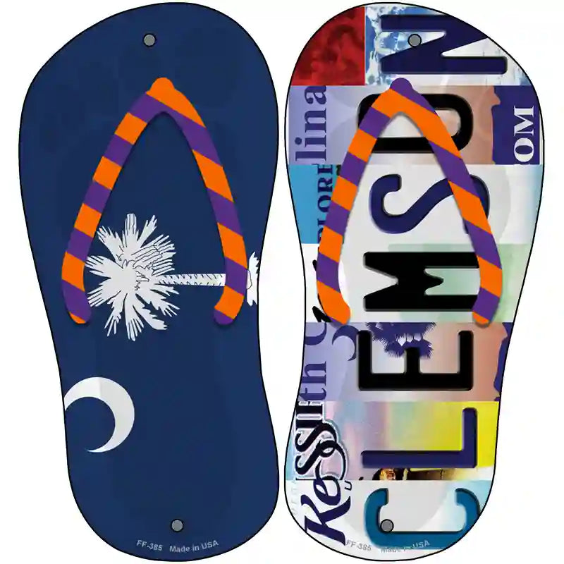 SC Flag|Clemson Strip Art Novelty Metal Flip Flops (Set of 2)