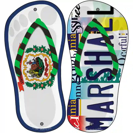 WV Flag|Marshall Strip Art Novelty Metal Flip Flops (Set of 2)