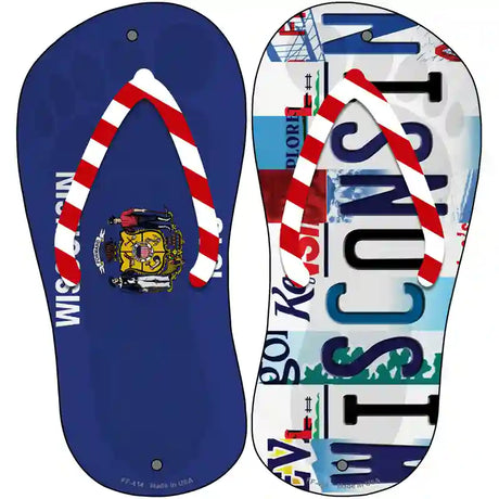 WI Flag|Wisconsin Strip Art Novelty Metal Flip Flops (Set of 2)